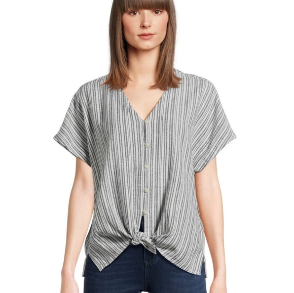 4/$12 NWT Time And Tru Striped Linen Blend Button Down Front Tie Top Size  XL - Picture 1 of 9